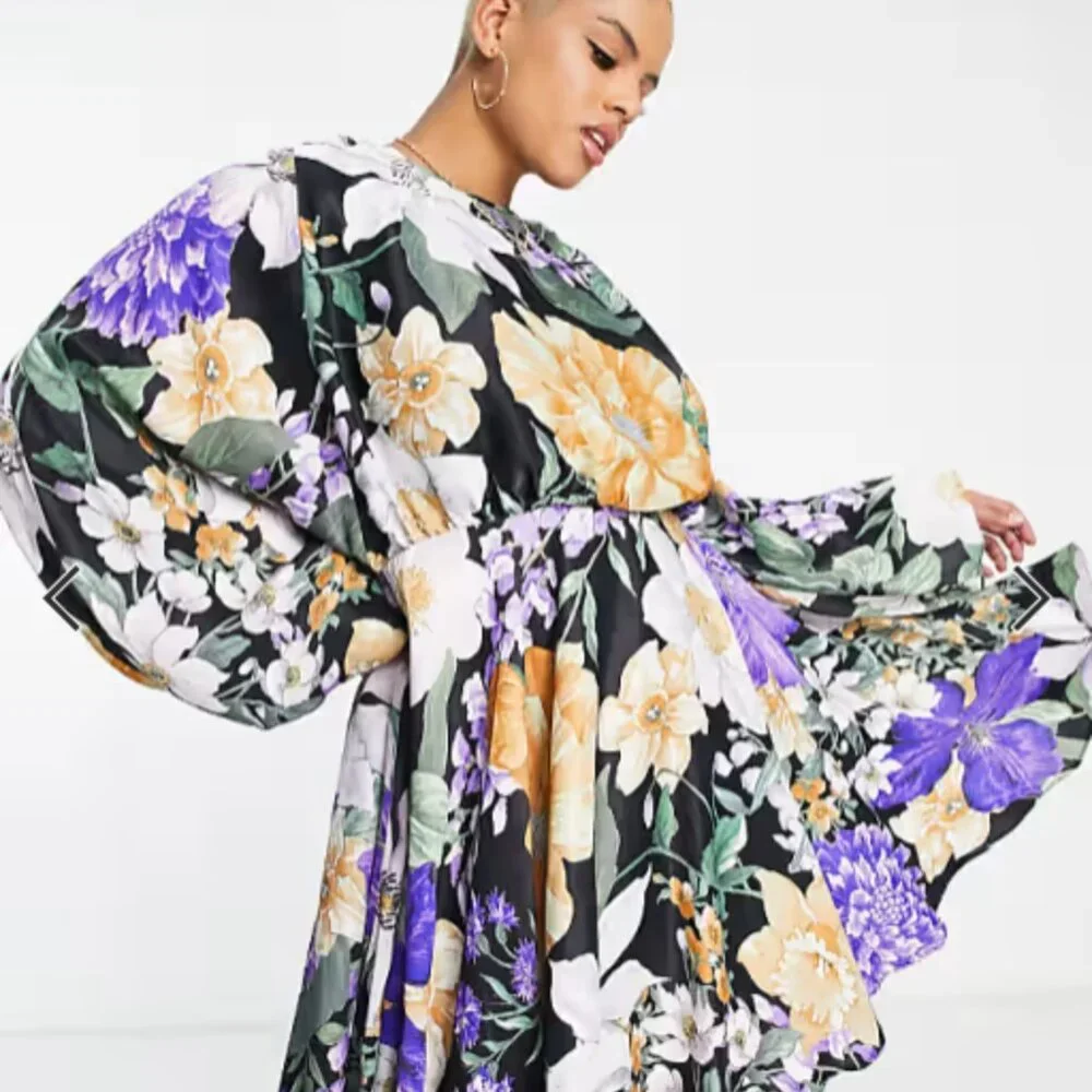 ASOS Edition Curve Floral Mini Dress Voluminous Sleeve Purple Black BNWT US 24 - Picture 3 of 9